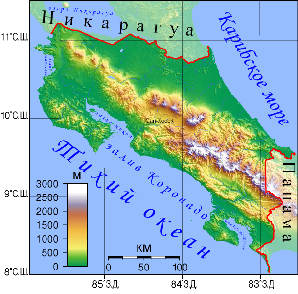 Топографическая карта Коста Рика (wikipedia)